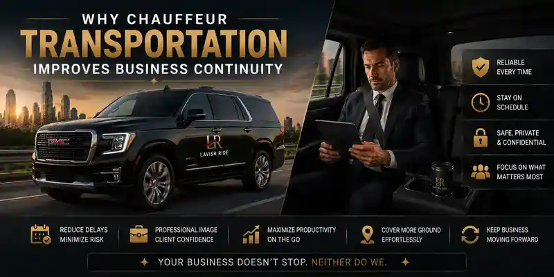 GMC Denali executive chauffeur transportation service featuring a business professional working during travel, highlighting business continuity, productivity, privacy, reliable scheduling, and Lavish Ride luxury intercity transportation.